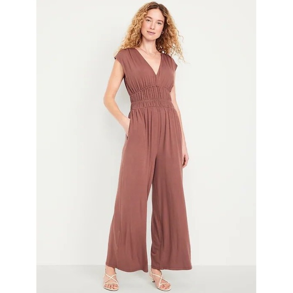 NWT Old Navy Waist-Defined Wide-Leg Jumpsuit Mauve Brown Medium Petite Comfort